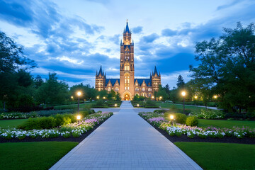 Illuminated Gothic Revival-style building at dusk, flanked by manicured gardens and a central pathway