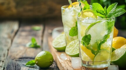 Fototapeta premium Mojitos or tonic with lemon, lime, mint, and ice served on wood. A cool summer drink with citrus fruit, perfect for a bright day. Space for text.