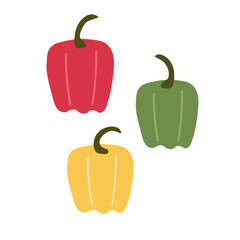 Red, green and yellow pepper Paprika on isolated background. Vector illustration with Capsicum vegetables, spice fruits. Food and harvest. Design for label, wrapping, paper, textile, banner, sign