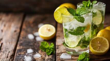 Fototapeta premium Mojitos or tonic with lemon, lime, mint, and ice served on wood. A cool summer drink with citrus fruit, perfect for a bright day. Space for text.