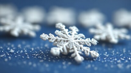 Several intricately detailed white snowflakes sit on a blue surface
