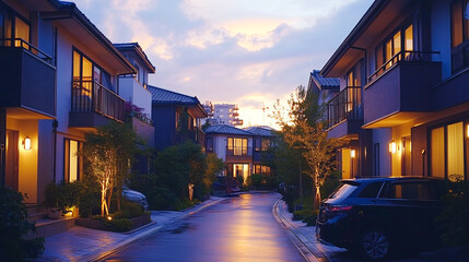 Fototapeta premium A beautiful japanese tokyo city town in the evening. houses at the street. anime comics artstyle. cozy lofi asian architecture. 16:9 4k resolution