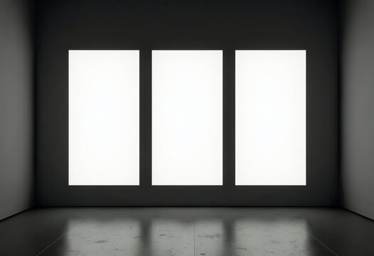 Illuminated White: Three Vertical Video Screens Displaying Solid White in a Dark Gallery Space, Perfect for Mockups, Digital Signage, and Contemporary Art Presentations.

