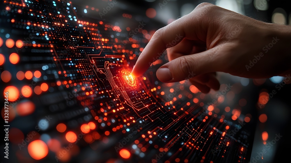 Poster technician monitoring holographic interface for smart grid energy distribution in real time