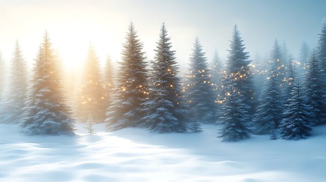 Majestic snow covered evergreen trees lit by soft winter sunshine