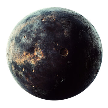 This image depicts a dark, cratered planetoid or moon floating in space with rich detail.