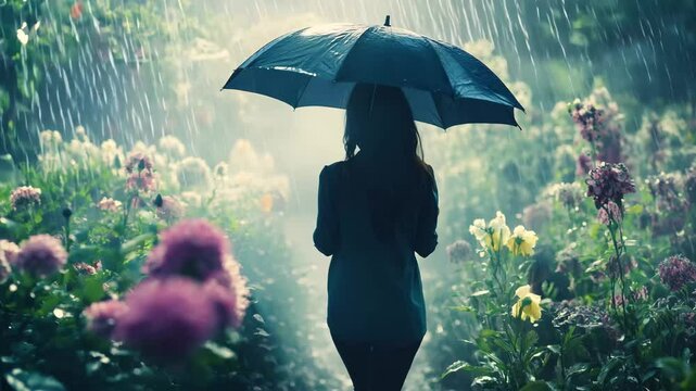A mysterious silhouette of a woman holding an umbrella walks through a lush flower garden during a gentle rain. The soft light filtering through the raindrops creates a dreamy and peaceful atmosphere