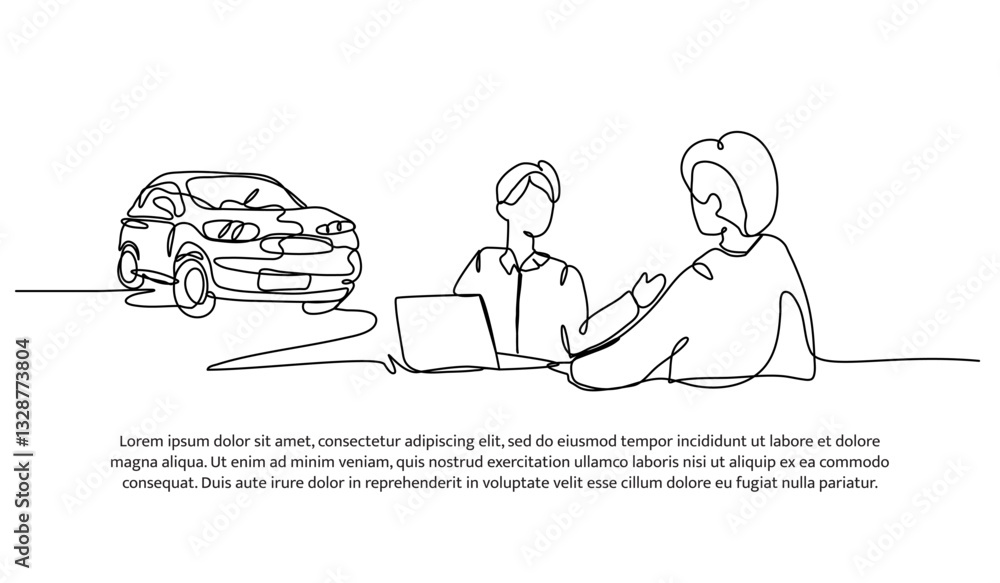 Poster continuous one line design of car discussion between clients. minimalist style vector illustration o