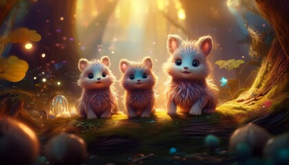 Magical, scruffy baby animals—like foxes, owlets, and bunnies—gathered in a whimsical, glowing forest with twinkling lights and oversized mushrooms, perfect for fairytale book covers and prints.