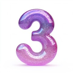 Number 3 with a bright purple liquid texture with glitter, isolated on a pure white background