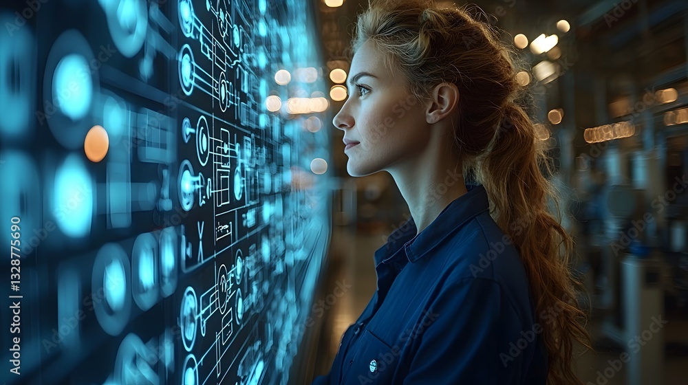 Poster technician analyzing futuristic holographic smart grid energy consumption patterns in high tech labo