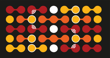 Colorful bauhaus style poster with geometric shapes on dark shade background