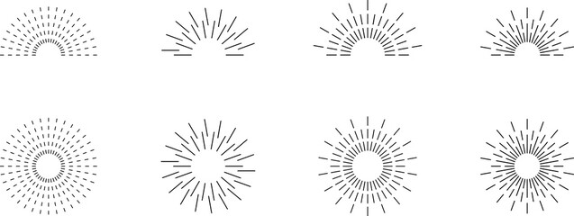 Vintage sunburst set. Bursting rays sunrise firework starburst blast, Radiant Spark. Rays. Geometric Design Elements. Retro radiant sunburst, starburst hand drawn label, sun rays.