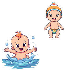 Vsai happy babies playing and splashing water, wearing cloth diapers and knitted caps