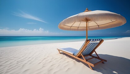 Obraz premium Hyper-realistic 3D render of a beach umbrella and sunbed on pristine white sand, with intricate textures, shadows, and vibrant colors for an ultra-detailed, luxurious vacation scene.