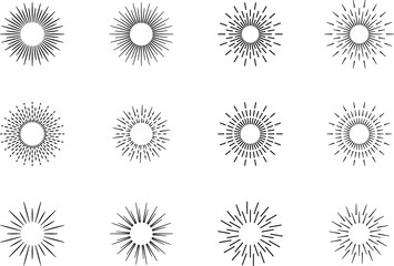 Vintage sunburst set. Bursting rays sunrise firework starburst blast, Radiant Spark. Rays. Geometric Design Elements. Retro radiant sunburst, starburst hand drawn label, sun rays.