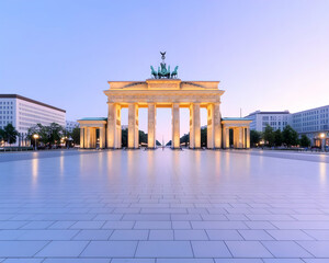 Obraz premium Illuminated triumphal arch at dawn, expansive plaza, city skyline