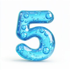 Number 5 with a cool blue liquid texture with vibrant bubbles, isolated on a pure white background