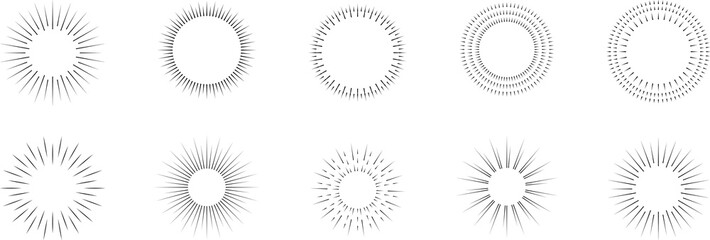 Vintage sunburst set. Bursting rays sunrise firework starburst blast, Radiant Spark. Rays. Geometric Design Elements. Retro radiant sunburst, starburst hand drawn label, sun rays.