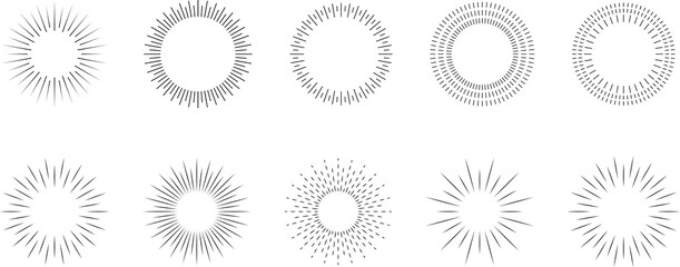 Vintage sunburst set. Bursting rays sunrise firework starburst blast, Radiant Spark. Rays. Geometric Design Elements. Retro radiant sunburst, starburst hand drawn label, sun rays.