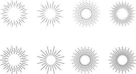 Vintage sunburst set. Bursting rays sunrise firework starburst blast, Radiant Spark. Rays. Geometric Design Elements. Retro radiant sunburst, starburst hand drawn label, sun rays.