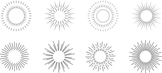 Vintage sunburst set. Bursting rays sunrise firework starburst blast, Radiant Spark. Rays. Geometric Design Elements. Retro radiant sunburst, starburst hand drawn label, sun rays.