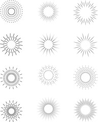 Vintage sunburst set. Bursting rays sunrise firework starburst blast, Radiant Spark. Rays. Geometric Design Elements. Retro radiant sunburst, starburst hand drawn label, sun rays.