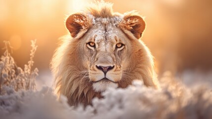 Obraz premium Majestic Lion in Snowy Savanna Sunrise