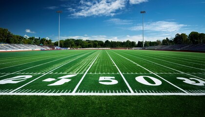 Clean green football field with crisp white boundary lines. Ideal background for sports branding, advertising, and design projects. Versatile for various sports and promotional materials.

