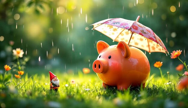 A piggy bank is sheltered by an umbrella in a garden setting.  A garden gnome observes. This symbolizes financial security.