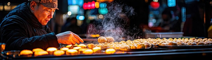 Experience the vibrant energy of a Street food market scene with sizzling peanut-infused stir-fry dishes Watch as the chef skillfully prepares delicious culinary creations, infused with rich peanut