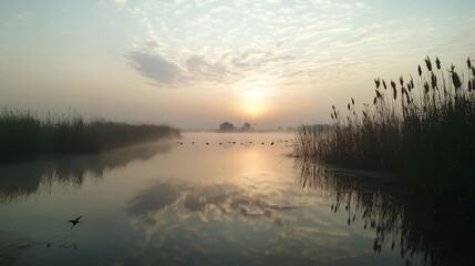 Obraz premium Sunset over serene lake with water reflection