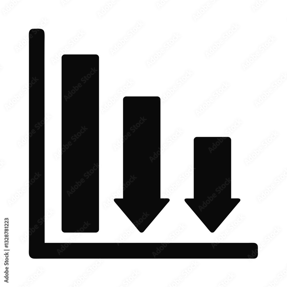 Poster declining bar graph with downward arrows - flat icon for apps and websites
