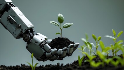 Robotic hand nurturing a young plant in dark rich soil during a sustainable gardening initiative