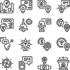 Light Bulb icon set. Includes fast electricity, lamp, energy-saving bulb, LED bulb, incandescent bulb, glowing bulb, and More. Outline icons vector collection