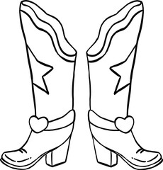 A pair of cowboy boots with star and heart-shaped accents, drawn in a black-and-white line art style