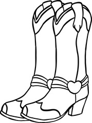 A pair of decorative cowboy boots with heart-shaped accents and intricate patterns, drawn in black-and-white line art