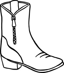 A single ankle-height cowboy boot with a zipper detail, drawn in a black-and-white line art style