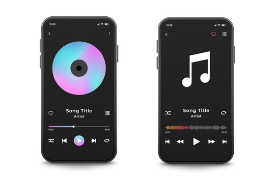 Music player mobile app interface template, vector illustration.