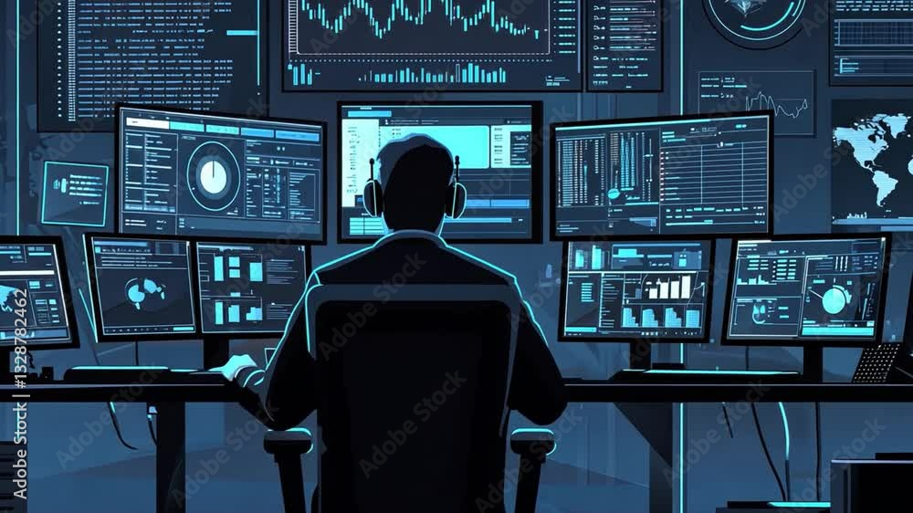 Poster worker analyzing data on multiple computer screens in a dark room filled with charts and graphs for 