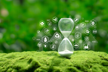 Hourglass with icon for future sustainable investment growth and reduce environmental pollution...