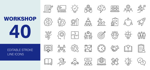 Workshop icon set. Training related line icons: coaching, meeting, business workshop, teamwork, presentation, managing, goal and more. Editable stroke. Vector illustration.