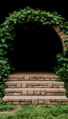 Ivy-covered stone archway with steps leading to a dark passage