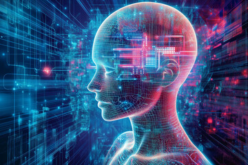 Futuristic AI Human Silhouette. Futuristic digital art of a human silhouette with AI elements, suitable for technology and sci-fi themed designs.