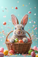 happpy easter bunny in the basket with  colorful eggs illustration