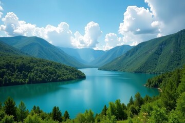 Picturesque landscape of tranquil lake surrounded by verdant hills in Guyana, countryside, tranquil, landscape