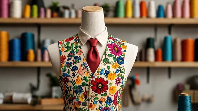 Vibrant Tailoring Workshop with Colorful Threads, Sewing Machine, and Floral Patterned Vest on Display in a Creative Fabric Studio Setting