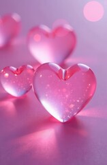 Fototapeta premium Translucent pastel pink glass hearts on pink background