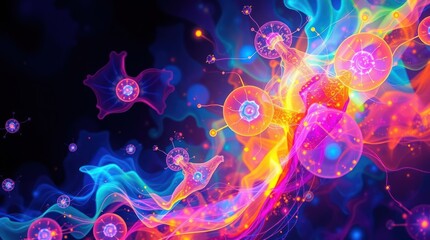 Obraz premium Abstract Glowing Cells with Vibrant Neon Lights and Futuristic Design