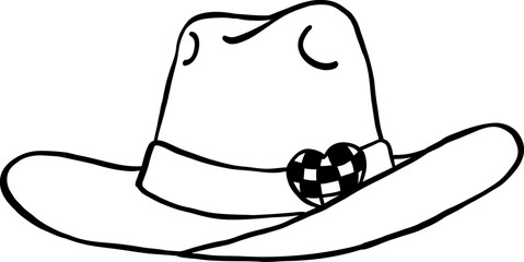 A cowboy hat with a checkered heart-shaped decoration on the band, drawn in a simple line-art style